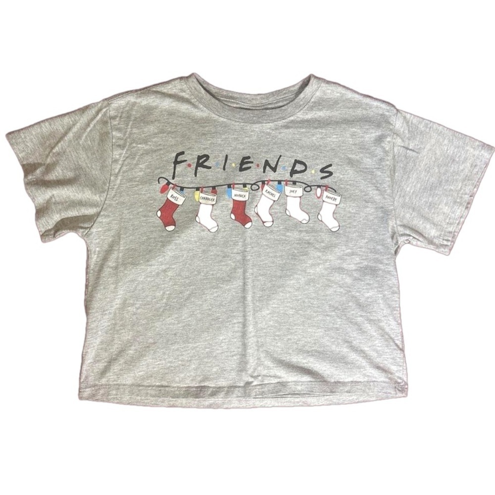 Friends Christmas stockings grey short sleeve graphic cropped shirt size M